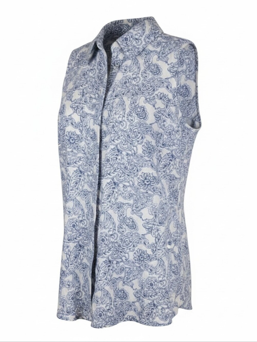 Linen Blend Paisley Porcelain Greek Sleeveless Button Down Shirt Blue White, M